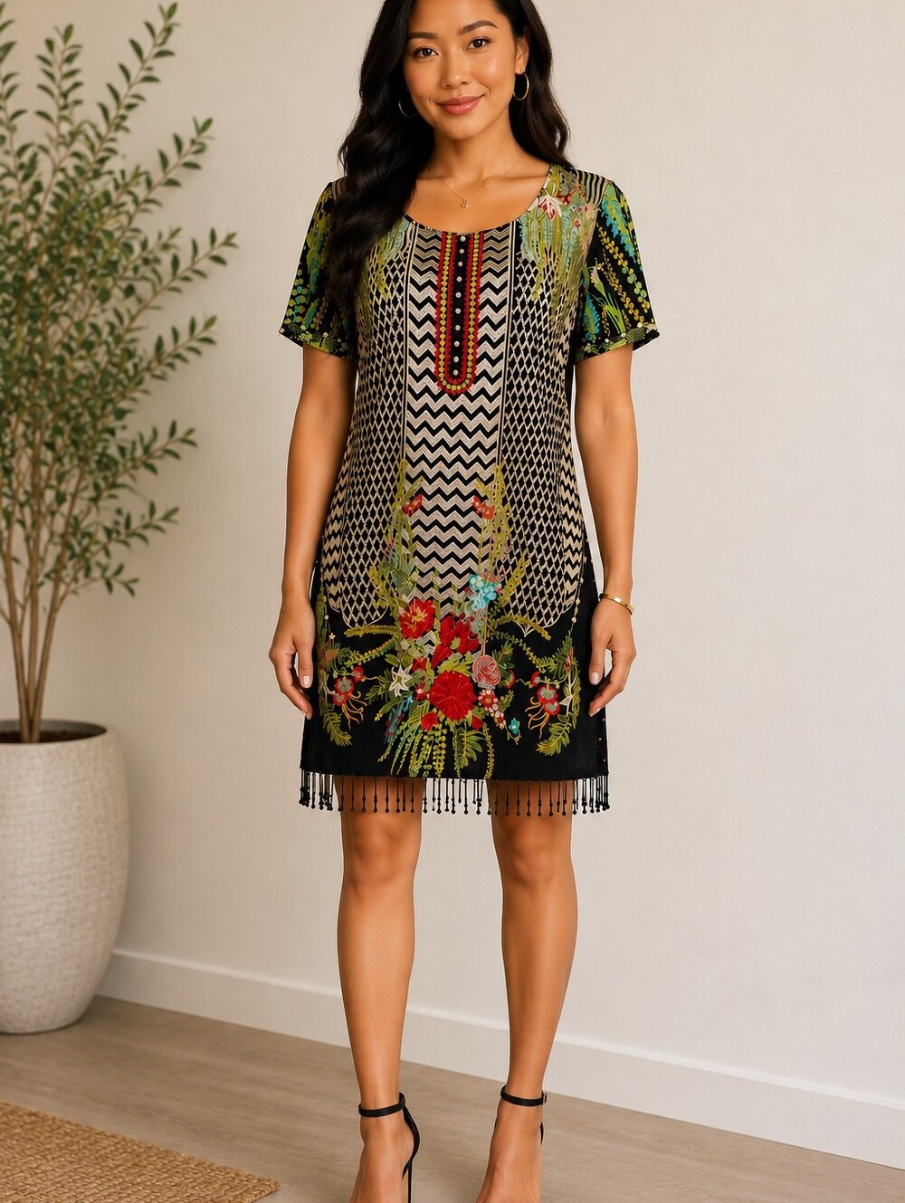 Handmade Oriental Embroidered Black Floral Tunic Dress Chevron Pattern Sz Large